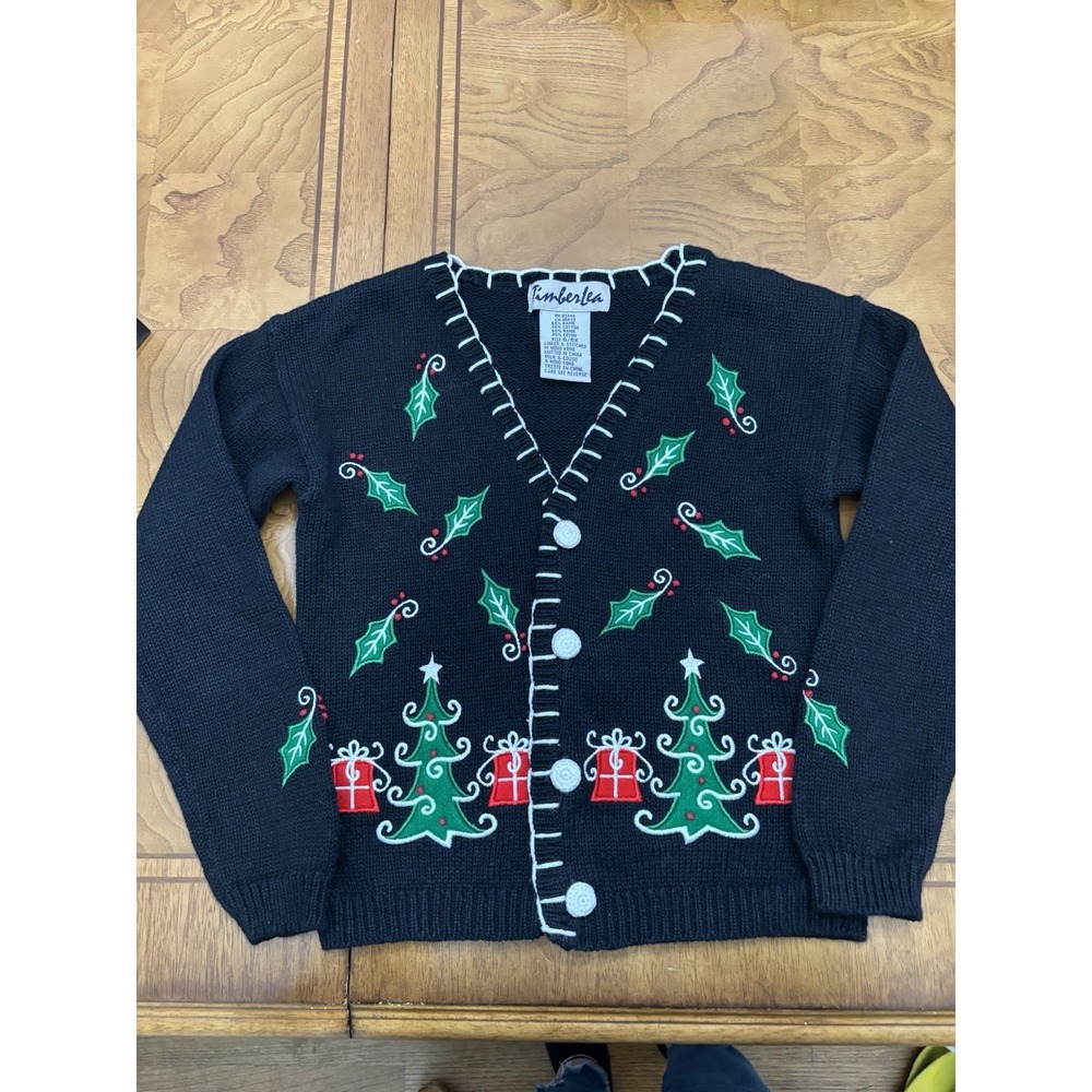 Timberlea Girls Sz 6x Christmas Holiday V Neck Cardigan Black Holly‎ Vintage
